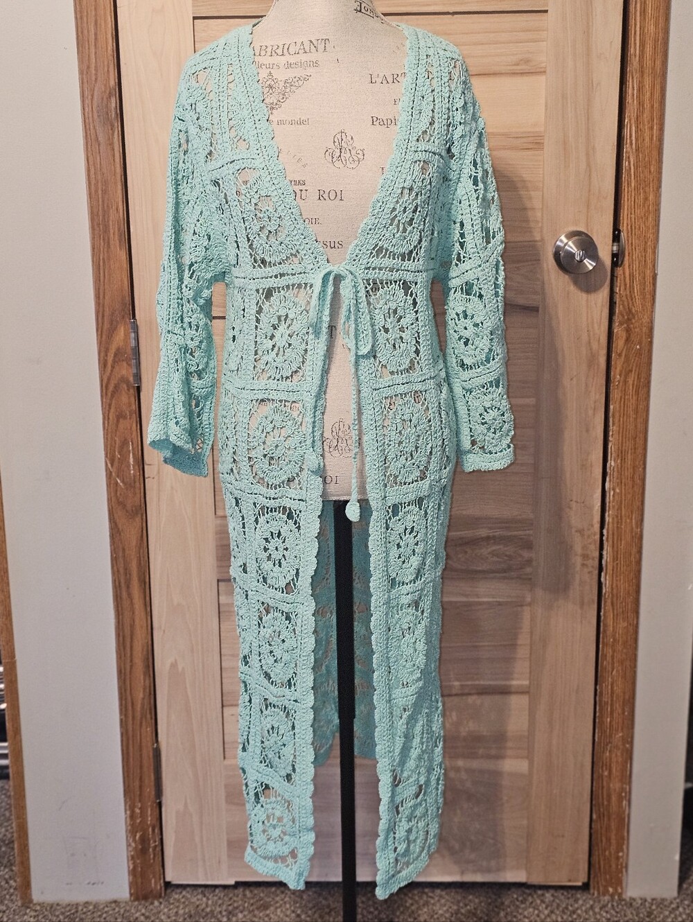 Crochet Long Open Cardigan Tie Front - Mint
